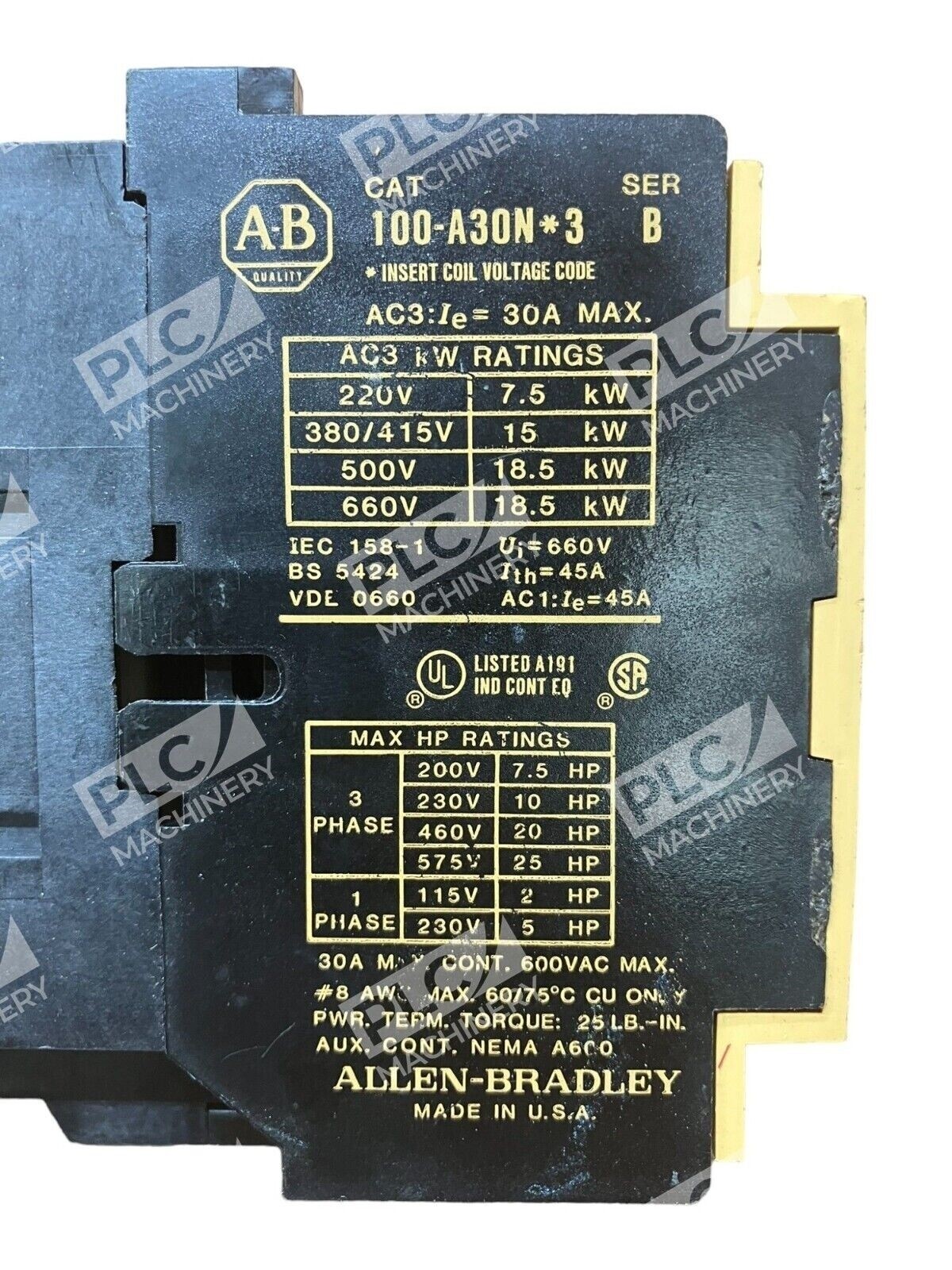 Allen Bradley 100-A30N*3 /B 30A 600VAC Contactor - Image 3