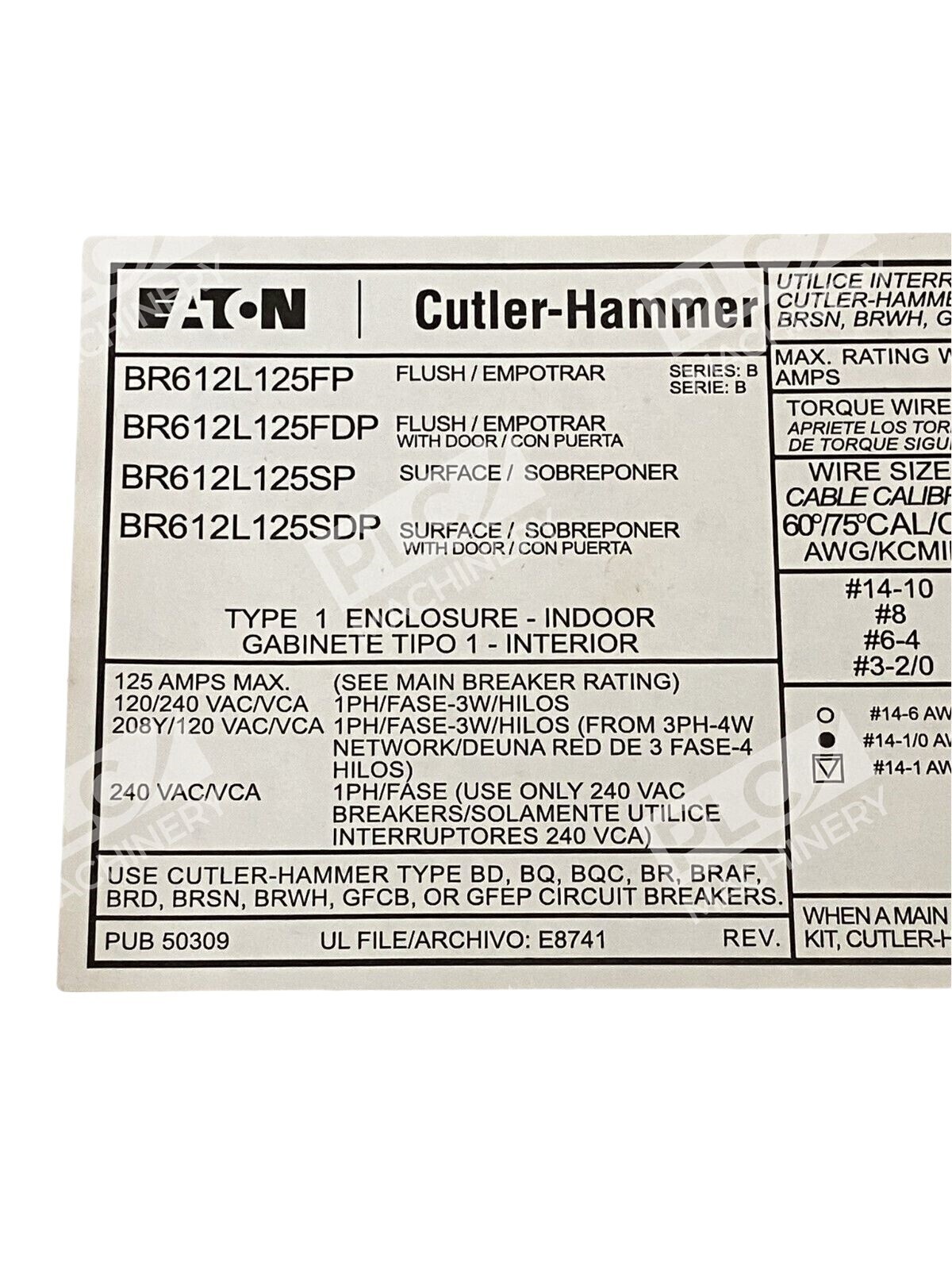 Eaton Cutler-Hammer BR612L125SP Main Lug Loadcenter - Image 4