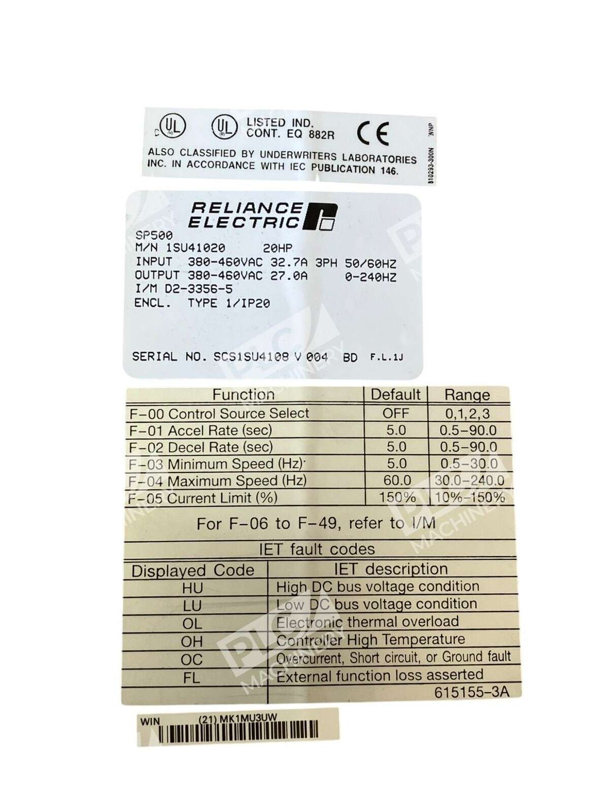 Reliance Electric 20HP 27/32.7A VS Drive SP500 1SU41020 - Image 3