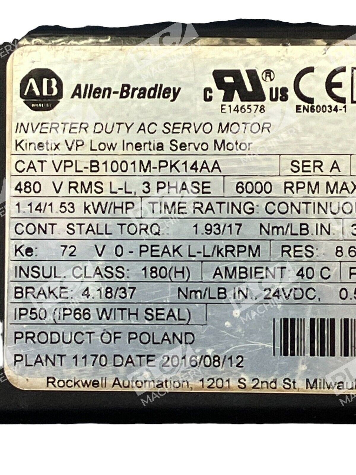 Allen Bradley Inverter Duty AC Servo Motor VPL-B1001M-PK14AA /A - Image 4