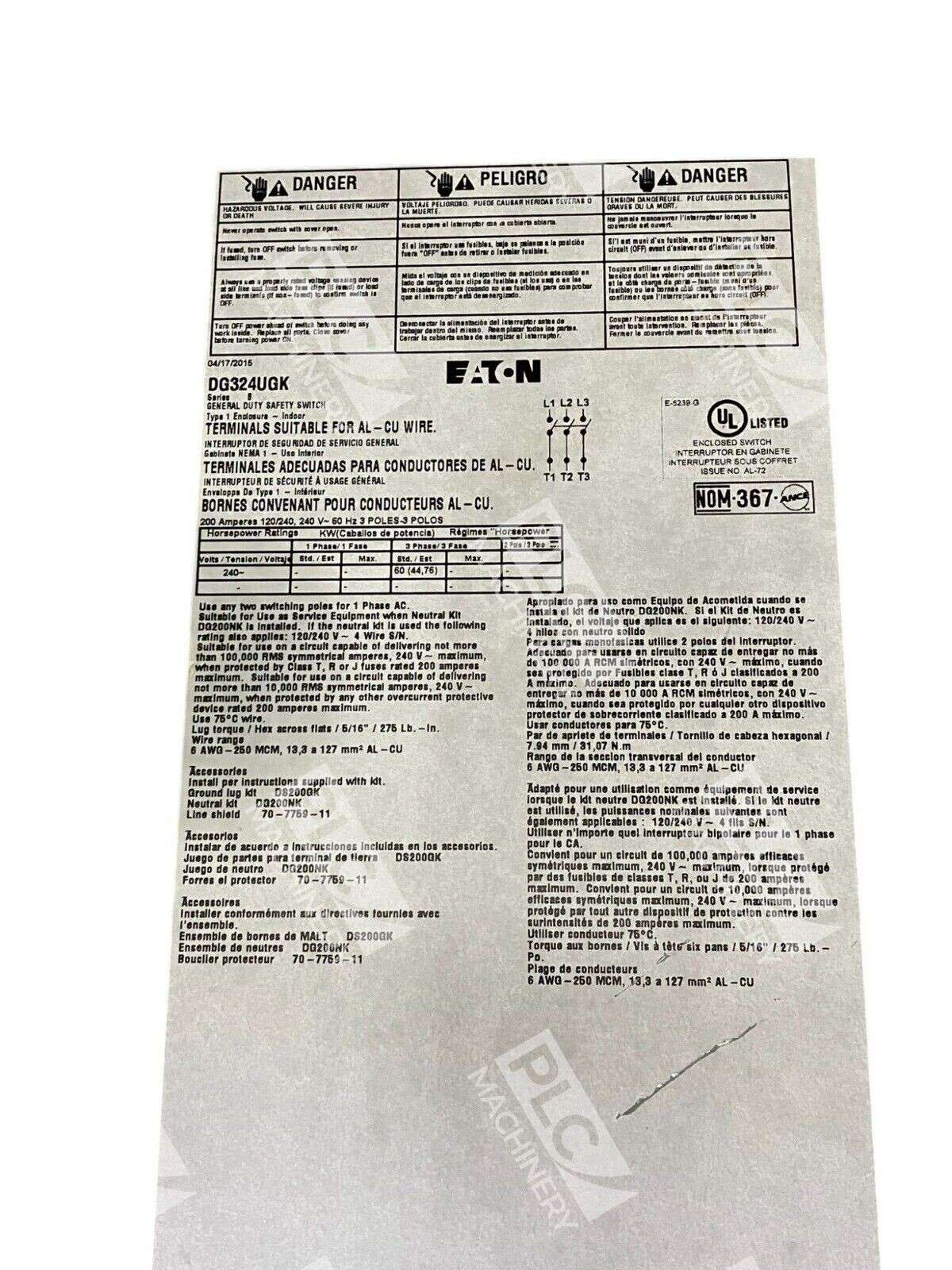 Eaton Series B Type 1 Enclosure General Duty Safety Switch DG324UGK - Image 3