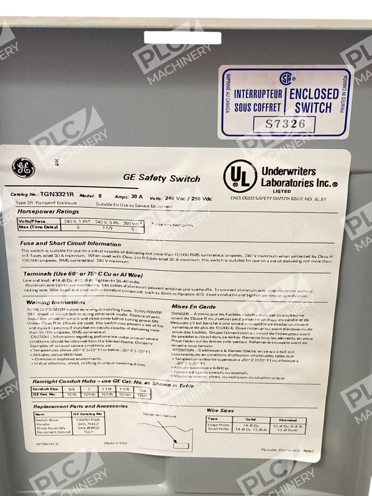 GE General Electric 30A 3 Pole General Duty Safety Switch TGN3321R - Image 12