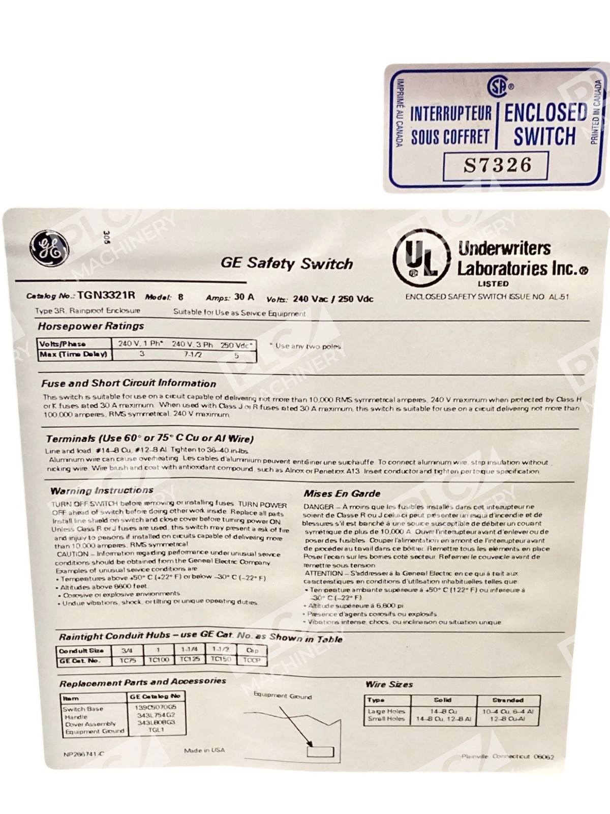 GE General Electric 30A 3 Pole General Duty Safety Switch TGN3321R - Image 13