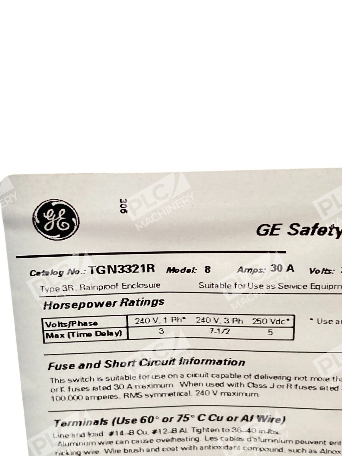 GE General Electric 30A 3 Pole General Duty Safety Switch TGN3321R - Image 14