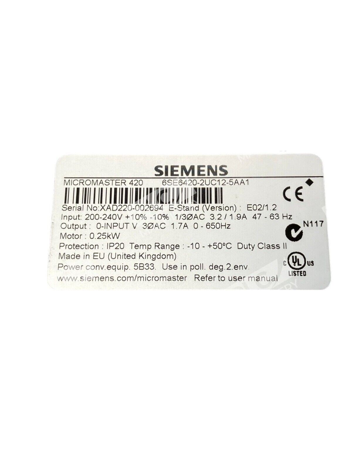 Siemens 6SE6420-2UC12-5AA1 Micromaster 420 - Image 5