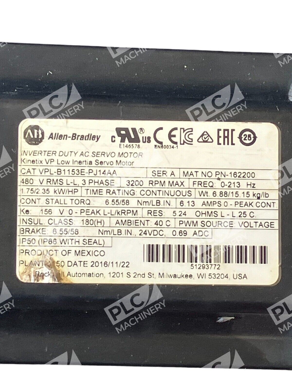 Allen Bradley Inverter Duty AC Servo Motor VPL-B1153E-PJ14AA /A - Image 3