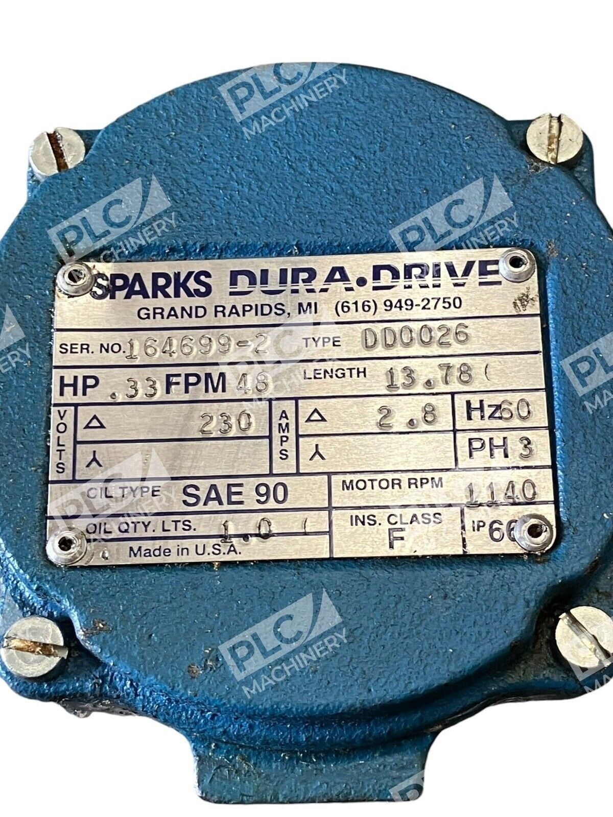 Dura-Drive Sparks .33HP 48FPM 13.78" 230V 2.8A 60Hz 3Ph 1140RPM DD0026 - Image 3