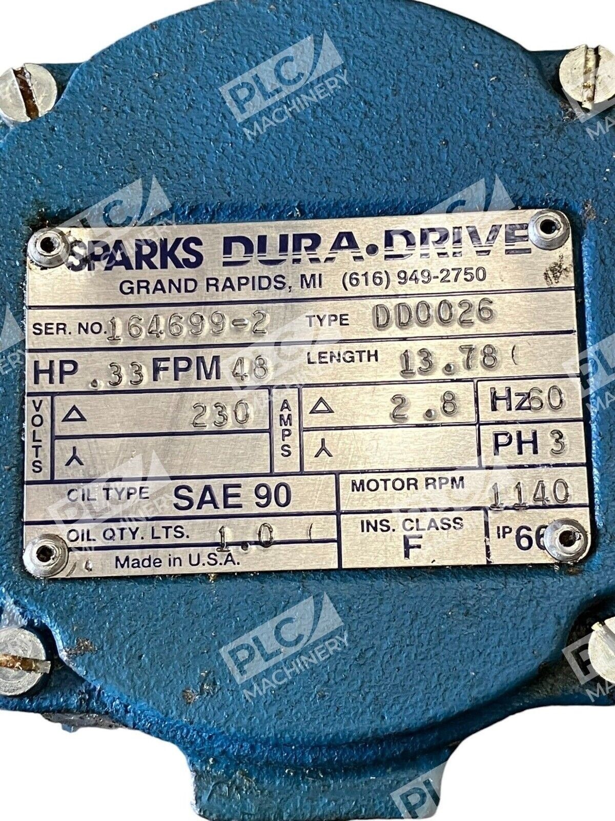 Dura-Drive Sparks .33HP 48FPM 13.78" 230V 2.8A 60Hz 3Ph 1140RPM DD0026 - Image 4